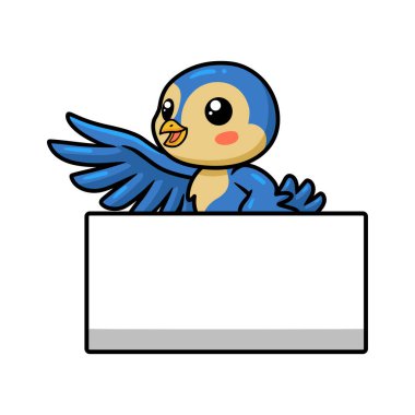 Vector Illustration of Cute little blue bird cartoon with blank sign waving hand