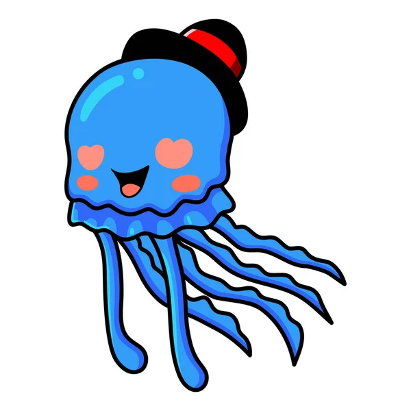 Vector Illustration Cute Blue Little Jellyfish Cartoon Red Heart Eyes — Stock Vector
