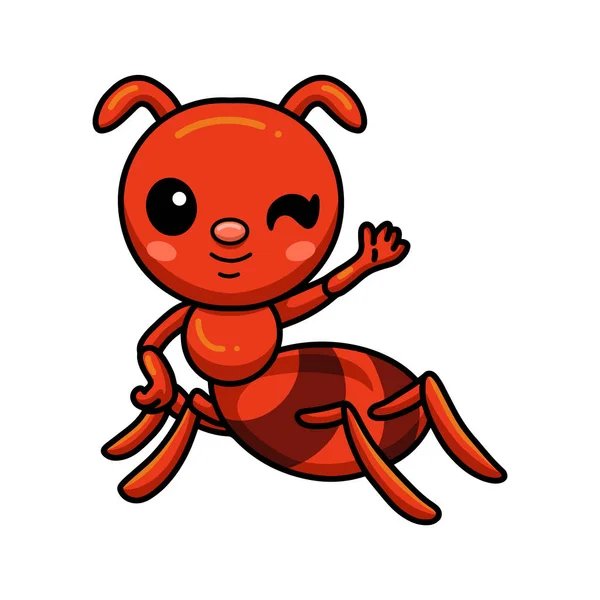 Vector Illustration Der Niedlichen Kleinen Roten Ameise Cartoon Winkende Hand — Stockvektor