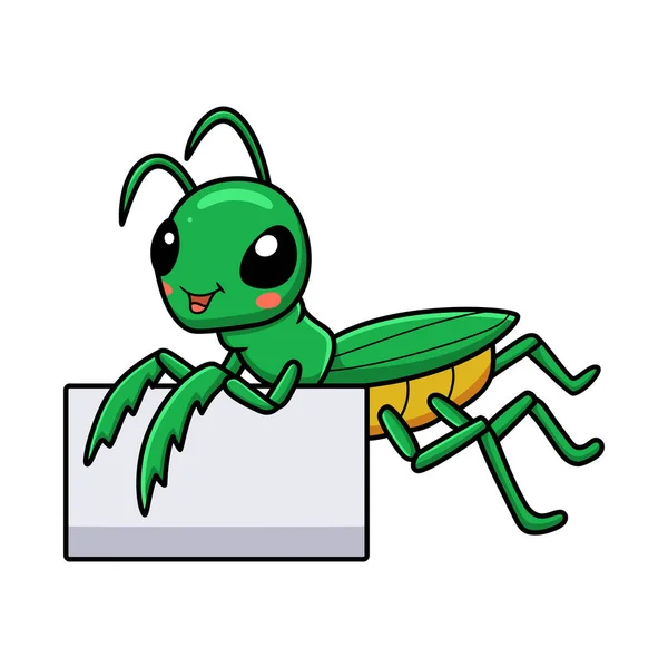 Vector Illustration Cute Little Mantis Cartoon Blank Sign — Stock Vector