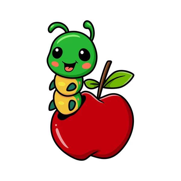 Ilustracja Wektor Cute Little Caterpillar Kreskówki Wychodzi Czerwonego Jabłka — Wektor stockowy