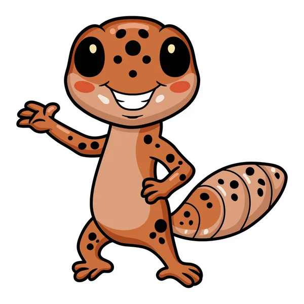 Vektor Illustration Söt Leopard Gecko Tecknad Viftande Hand — Stock vektor