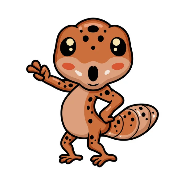 Vektor Illustration Söt Leopard Gecko Tecknad Viftande Hand — Stock vektor