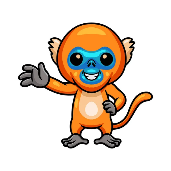 Vector Illustration Cute Little Golden Monkey Cartoon Waving Hand — Vetor de Stock