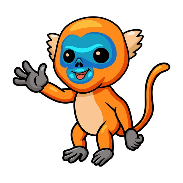 Vector Illustration Cute Little Golden Monkey Cartoon Waving Hand - Stok Vektor