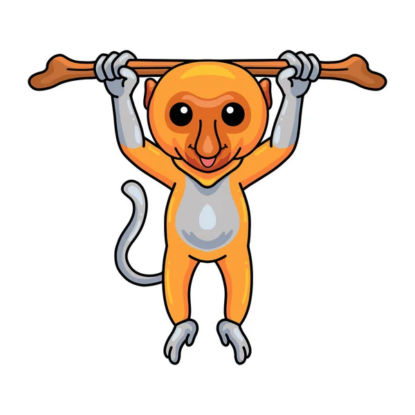 Vector Illustration Cute Little Proboscis Monkey Cartoon Hanging Tree Branch — Stock vektor