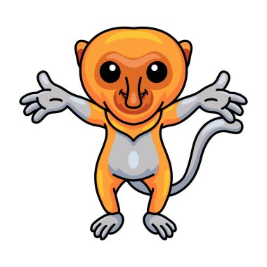 Şirin, küçük hortumlu maymun çizgi filminin vektör çizimi el kaldırıyor.