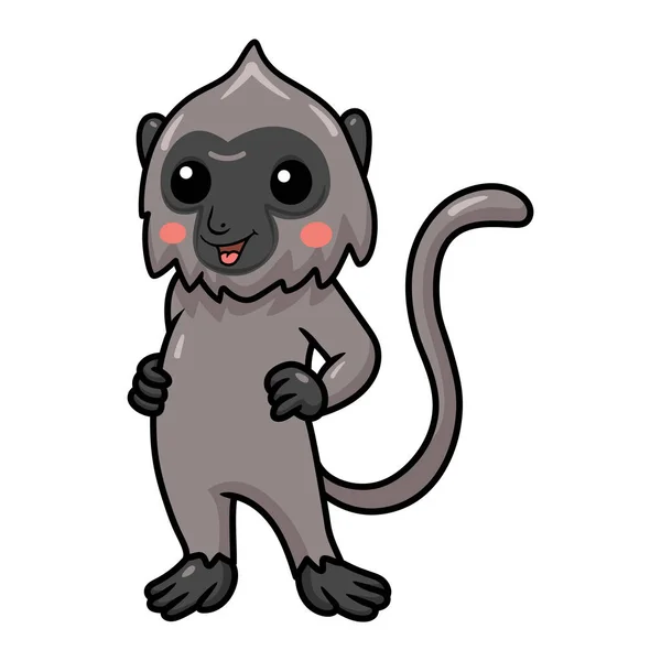 Wektor Ilustracja Cute Little Grey Langur Małpa Kreskówka Stoi — Wektor stockowy