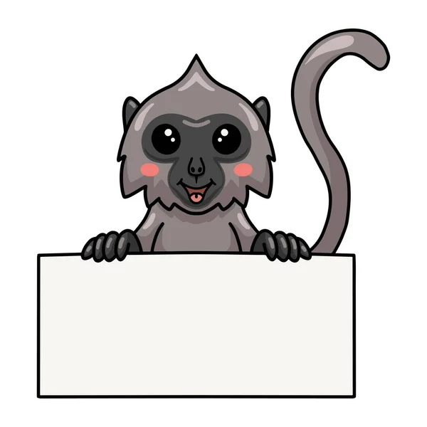 Wektor Ilustracja Cute Little Grey Langur Małpa Kreskówka Pustym Znakiem — Wektor stockowy