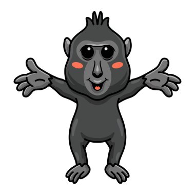 Sevimli küçük ibikli siyah macaque çizgi filminin temsilcisi el kaldırıyor.