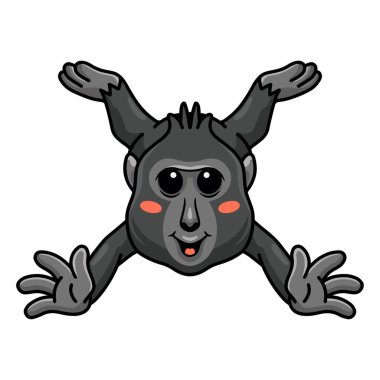 Ağaçta asılı şirin küçük ibikli siyah macaque karikatürünün vektör çizimi