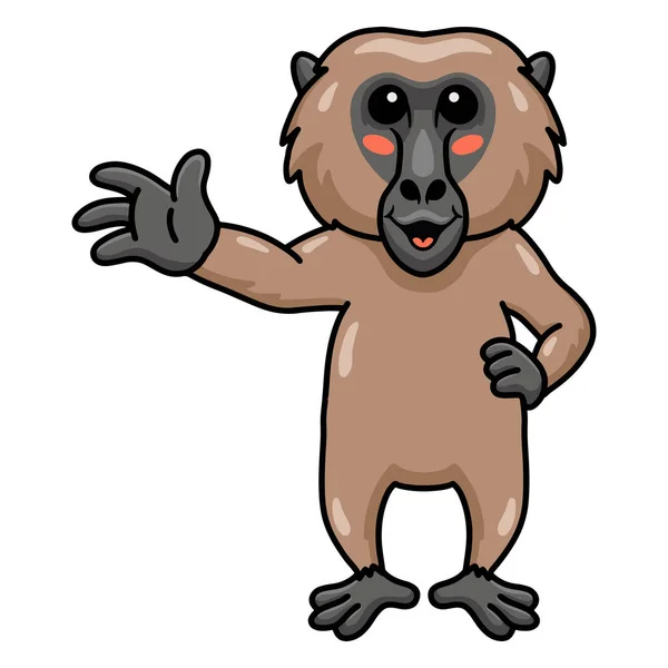 Ilustração Vetorial Bonito Pequeno Babuíno Macaco Desenho Animado Acenando Mão — Vetor de Stock