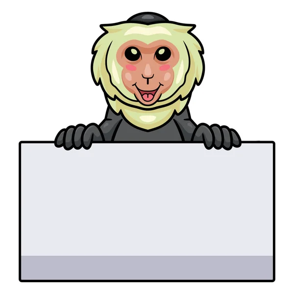 Ilustración Vectorial Dibujos Animados Lindo Mono Capuchino Con Signo Blanco — Vector de stock