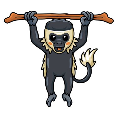 Ağaçta asılı şirin küçük kolobus maymun çizgi filminin vektör çizimi