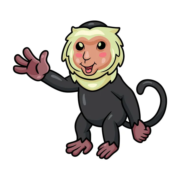 Wektor Ilustracja Cute Little Capuchin Małpa Kreskówka Macha Ręką — Wektor stockowy