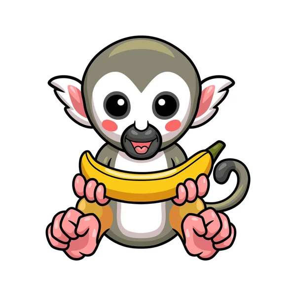 可爱的小松鼠猴牵着香蕉的矢量图解 — 图库矢量图片