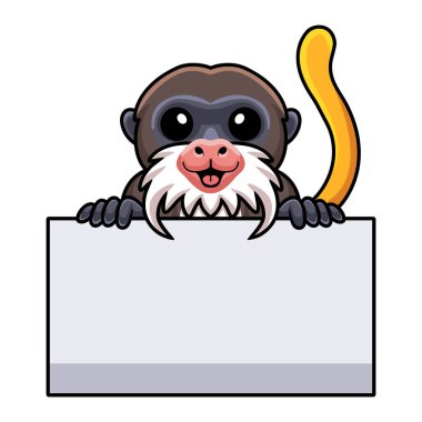 Vector illustration of Cute little tamarin monkey cartoon with blank sign