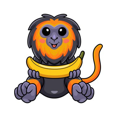 Vector illustration of Cute little lion monkey cartoon holding banana