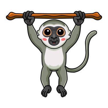 Ağaçta asılı şirin küçük vervet maymun çizgi filminin vektör çizimi