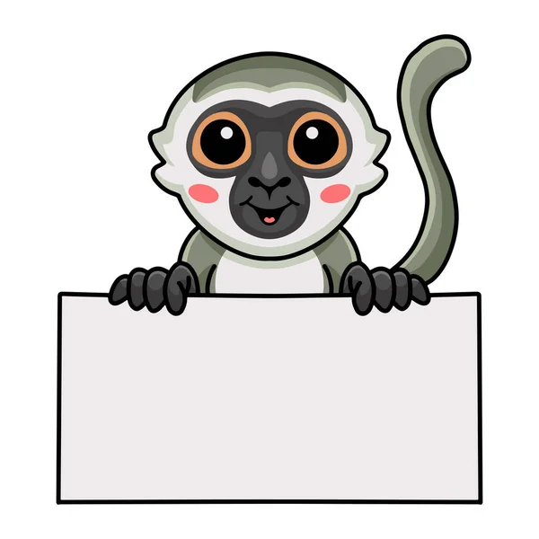 Illustrazione Vettoriale Carino Piccolo Fumetto Scimmia Vervet Con Segno Bianco — Vettoriale Stock