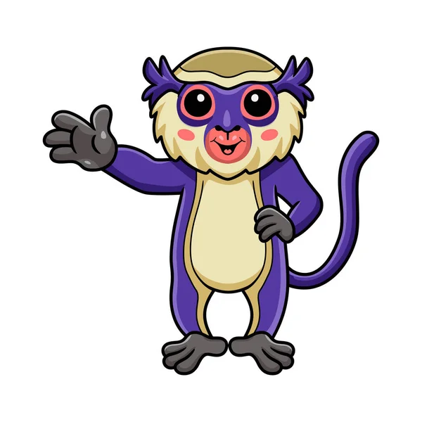 Vektorillustration Des Cute Mona Monkey Cartoon Winkende Hand — Stockvektor