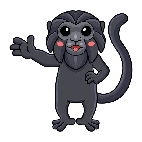 Vektorová Ilustrace Roztomilé Goeldiho Opice Karikatura Mávající Rukou — Stockový vektor