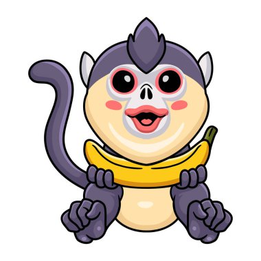 Muz tutan sevimli, küçük, kibirli maymun çizgi filminin vektör çizimi.