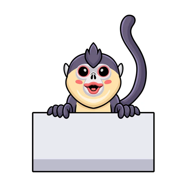 Cute Little Snub Nosed Monkey Cartoon Holding Blank Sign — Vettoriale Stock