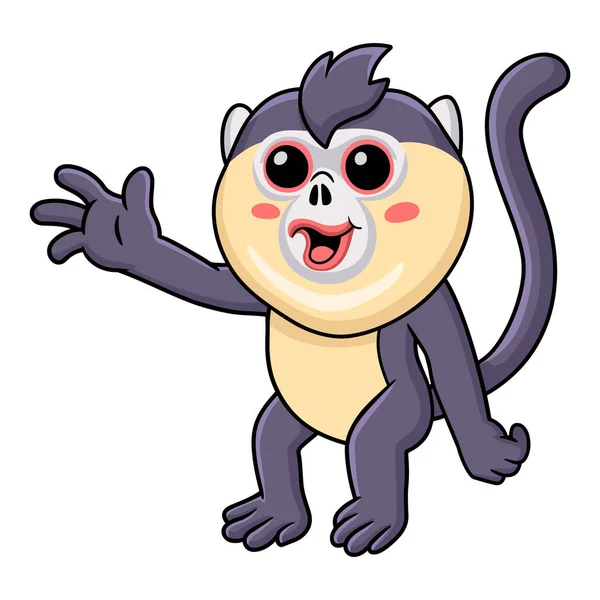 Vector Illustration Cute Little Snub Nosed Monkey Cartoon Waving Hand — Vettoriale Stock