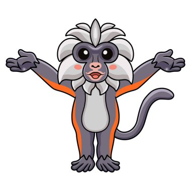 Sevimli zanzibar kırmızı kolobus maymun çizgi filminin temsilcisi el kaldırıyor.