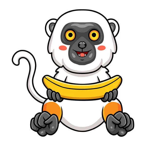Vektorová Ilustrace Roztomilé Sifaka Lemur Opice Karikatura Drží Banán — Stockový vektor