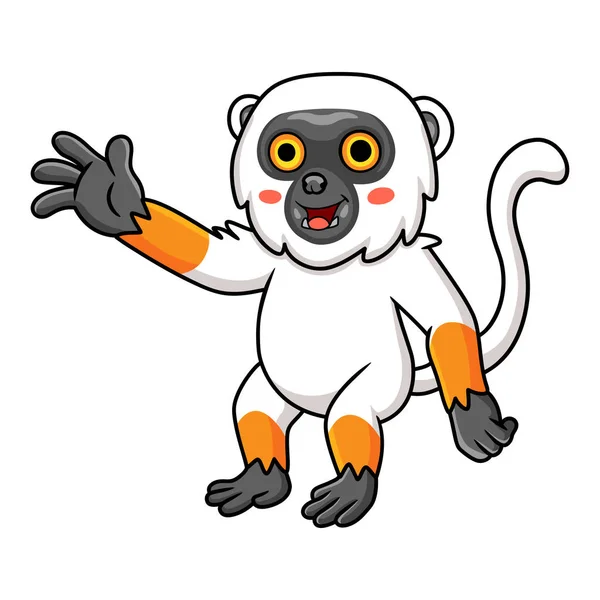 Wektor Ilustracja Cute Sifaka Lemur Małpa Kreskówka Macha Ręką — Wektor stockowy