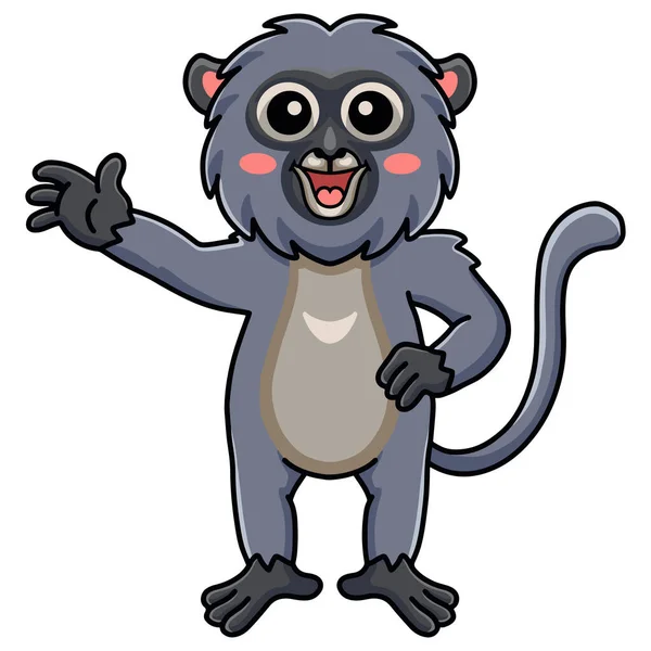 Vector Illustration Cute Dusky Leaf Monkey Cartoon Waving Hand — 图库矢量图片