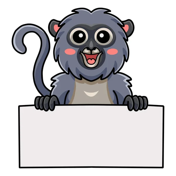 Wektor Ilustracja Cute Dusky Liść Małpa Kreskówka Gospodarstwa Pusty Znak — Wektor stockowy