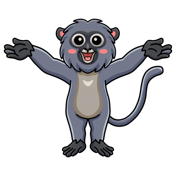 Vector Illustration Cute Dusky Leaf Monkey Cartoon Raising Hands — Stok Vektör
