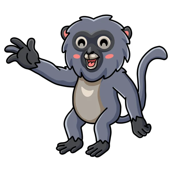 Vector Illustration Cute Dusky Leaf Monkey Cartoon Waving Hand — Διανυσματικό Αρχείο
