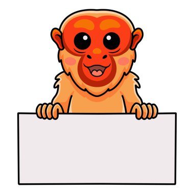 Şirin kel uakari maymun çizgi filminin boş tabela taşıyan vektör çizimi