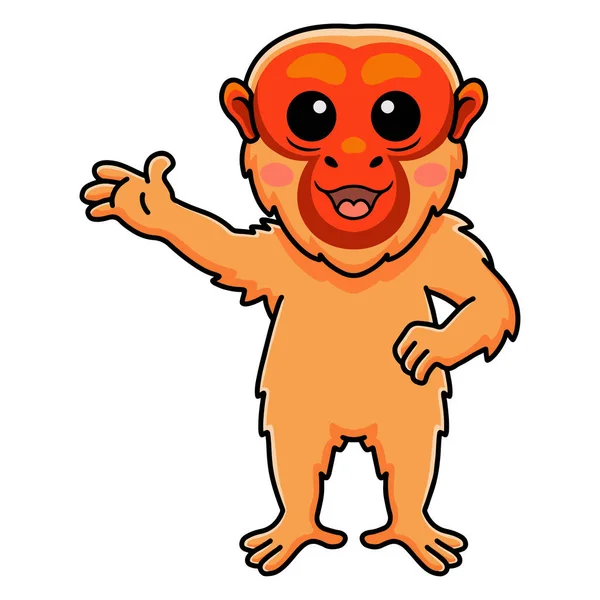 Vector Illustration Cute Bald Uakari Monkey Cartoon Waving Hand — Vettoriale Stock