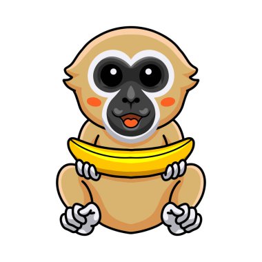 Beyaz elli şirin maymun çizgi filminin muz tutan vektör çizimi