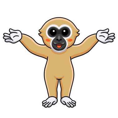 Beyaz elli şirin maymun çizgi filminin vektör çizimi el kaldırıyor.