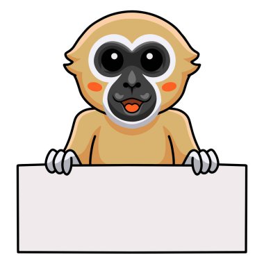 Beyaz elli şirin maymun çizgi filminin boş tabelayı tutan vektör çizimi