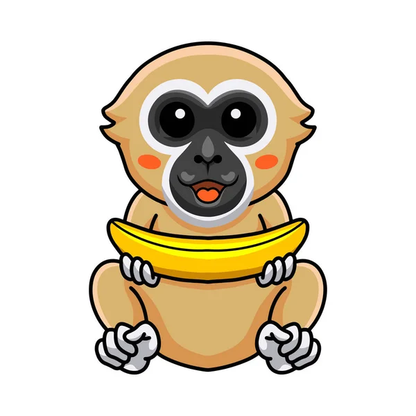 Vector Illustration Cute White Handed Gibbon Monkey Cartoon Holding Banana — Wektor stockowy