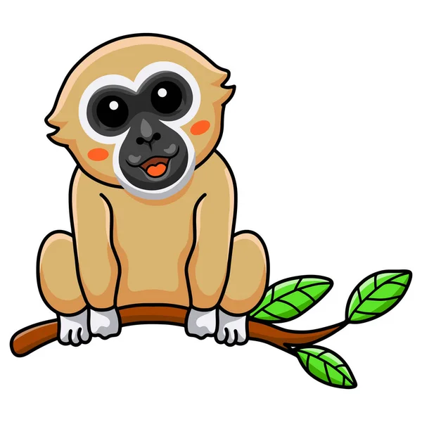 Vector Illustration Cute White Handed Gibbon Monkey Cartoon Tree — Image vectorielle