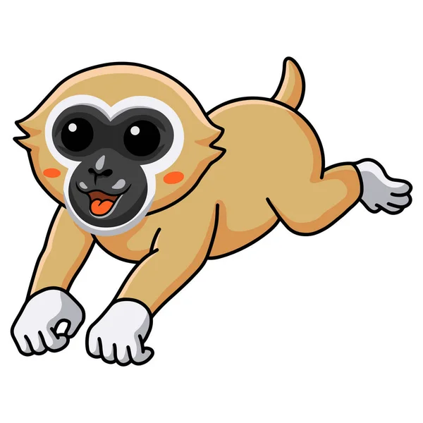 Vector Illustration Cute White Handed Gibbon Monkey Cartoon Jumping - Stok Vektor