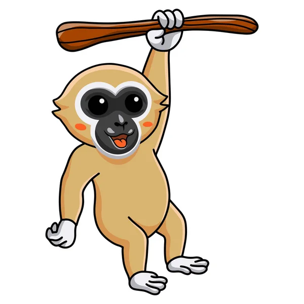Vector Illustration Cute White Handed Gibbon Monkey Cartoon Hanging Tree — 스톡 벡터