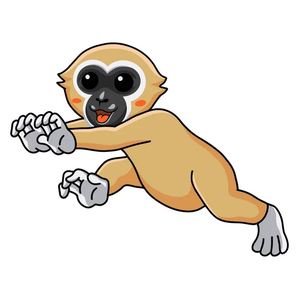 Vector Illustration Cute White Handed Gibbon Monkey Cartoon Walking — Image vectorielle