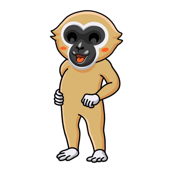 Vector Illustration Cute White Handed Gibbon Monkey Cartoon Standing — Stock vektor