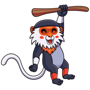 Ağaçta asılı şirin kırmızı desenli maymun çizgi filminin vektör çizimi