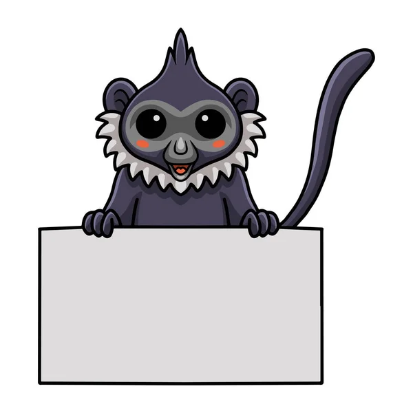 Vector Illustration Cute Delacour Langur Cartoon Holding Blank Sign — стоковый вектор