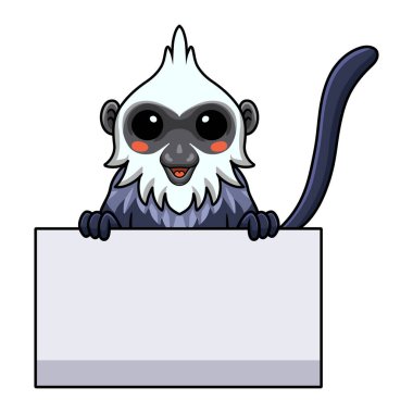 Beyaz başlı sevimli Langur çizgi filminin boş tabela taşıyan vektör çizimi